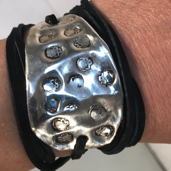 Rustic Skull Biker Wrap Bracelet Solid Sterling Silver 925 Cuff Genuine Suede - Picture 2 of 8
